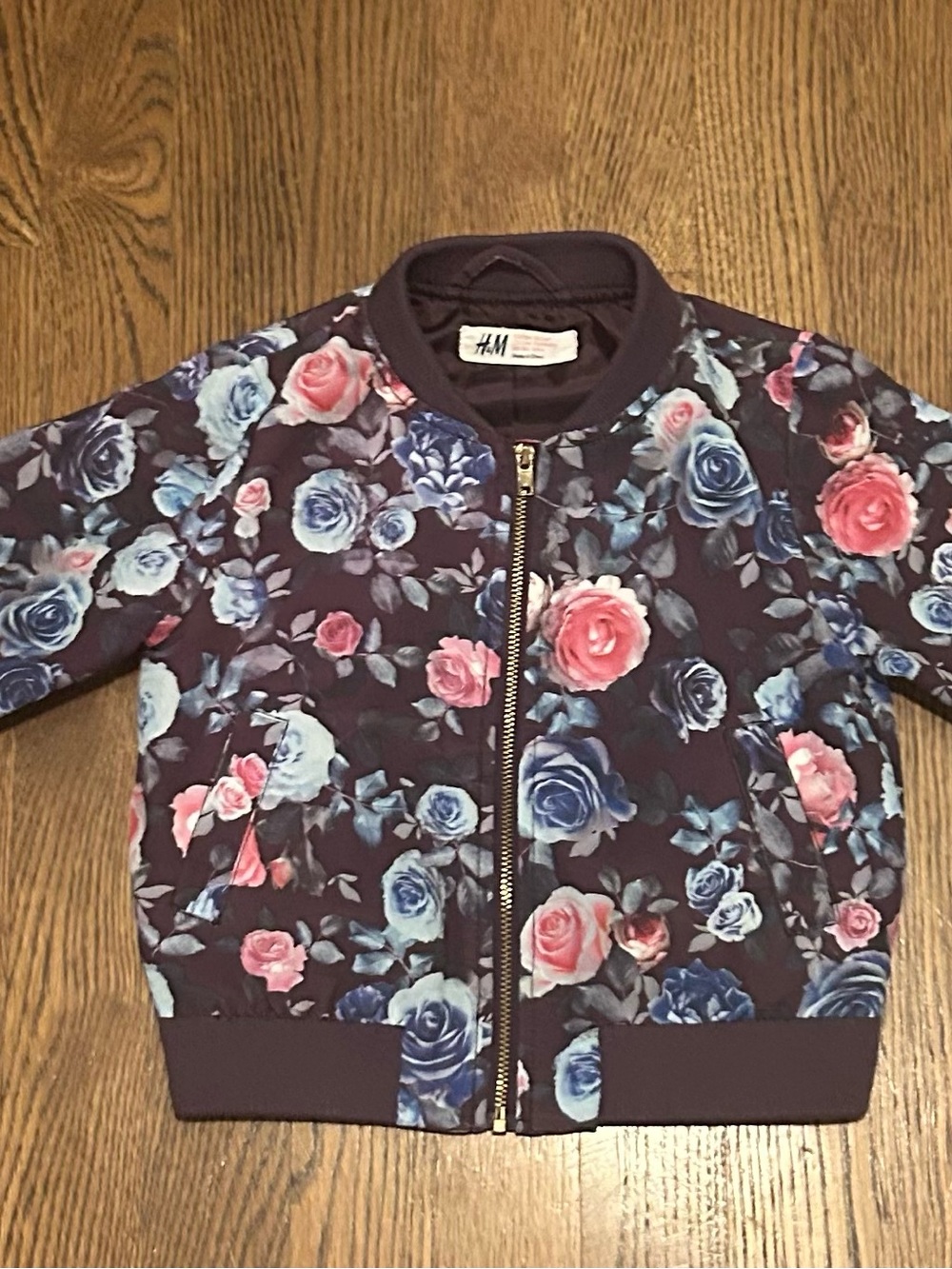 H&M Floral Bomber Jacket - Dark Purple with Pink & Blue Roses 243